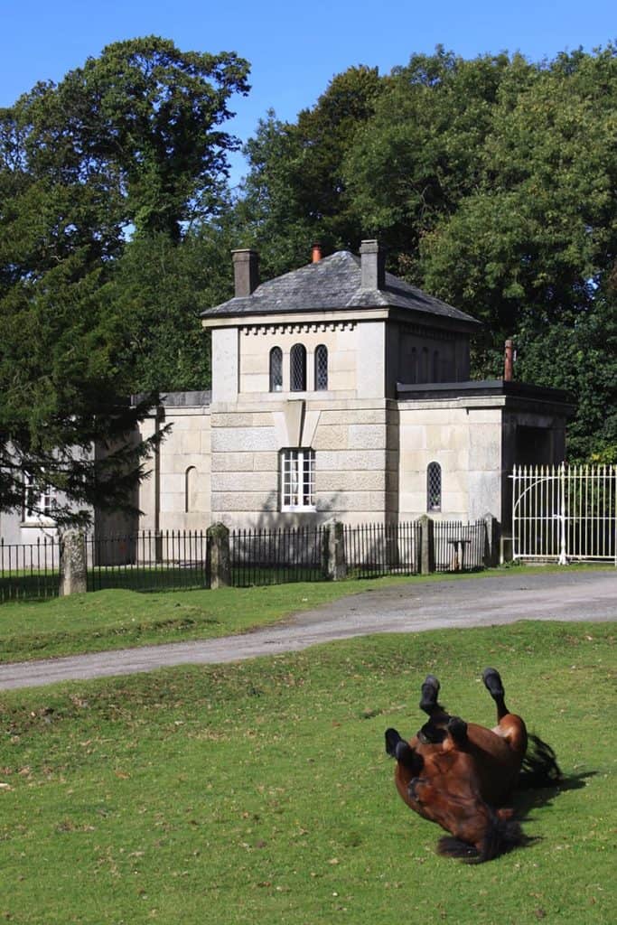 Rear view of granite gatehouse with horse rolling on back