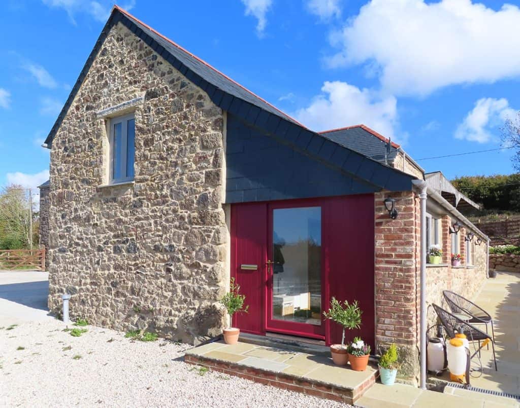 Red door and entrance to