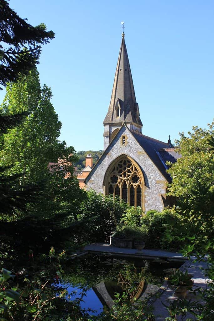 Spire of Chapel of the Maristow Estate overlooking pond