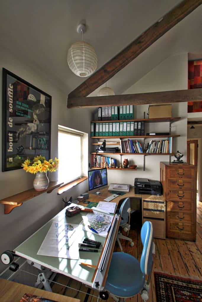 Georgian house renovation showing office area with wooden floors and beams